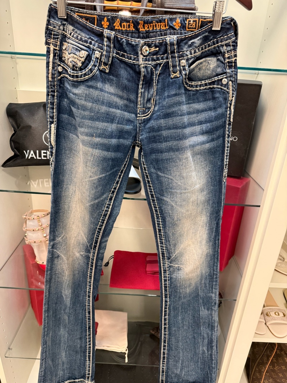 Rock Revival Women's Faded Blue Skinny Jeans with Contrast Stitching Sz28